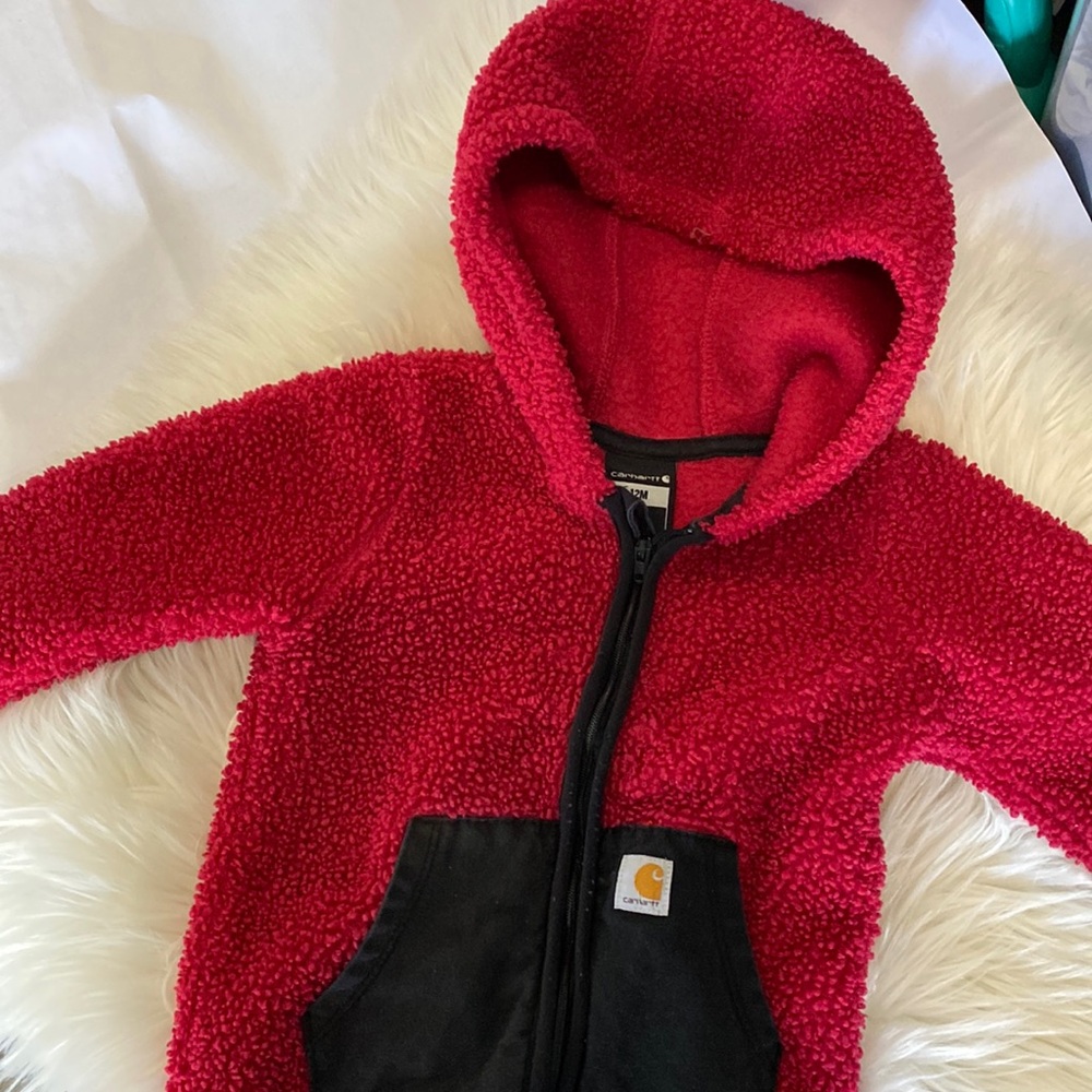 Carhartt brand Sz 12 mos pink and black warm zip up hoodie one piece